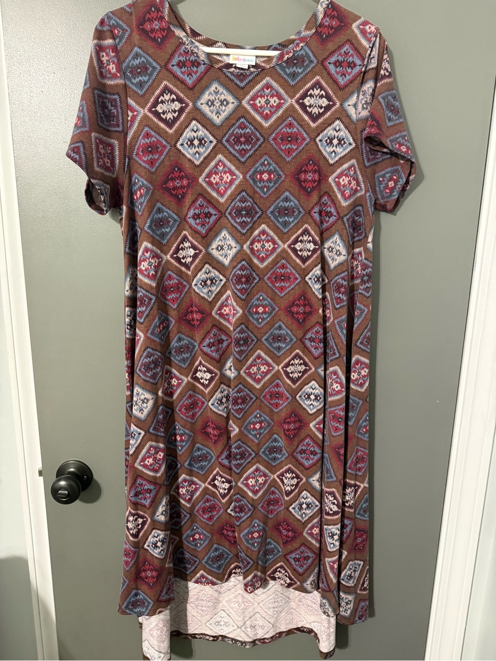 LuLaRoe Carly Dress with Blue and Pink Diamond Pattern